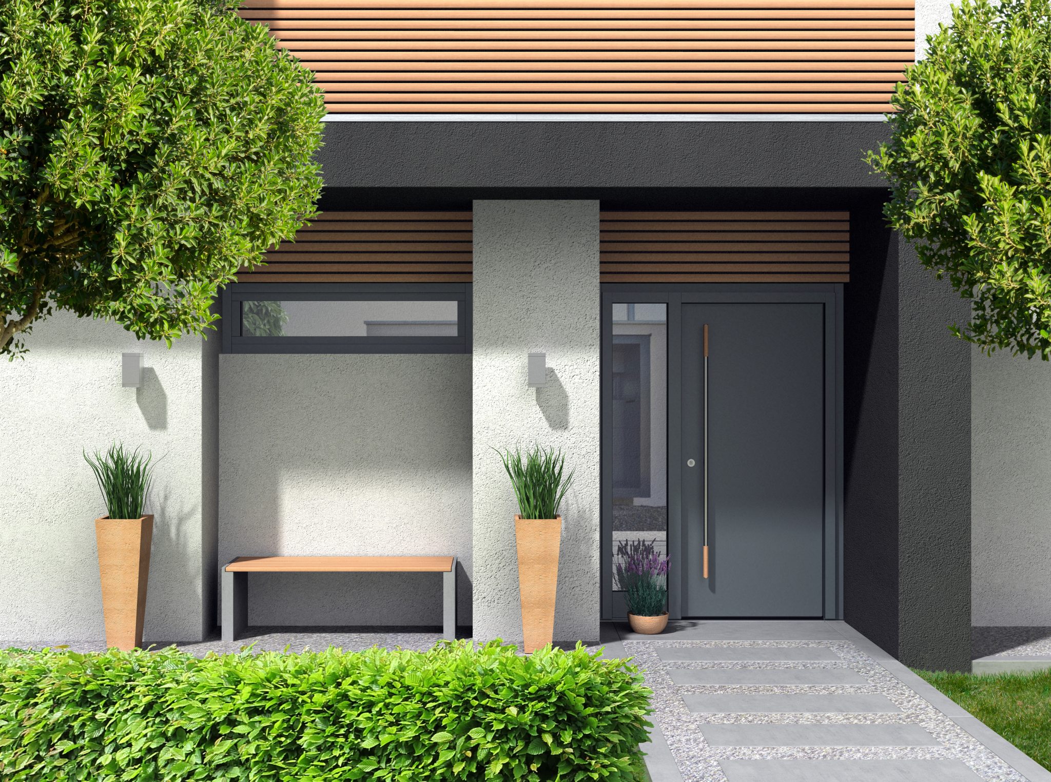 FICTITIOUS 3D rendering of a modern home facade with entrance, front door oand front yard