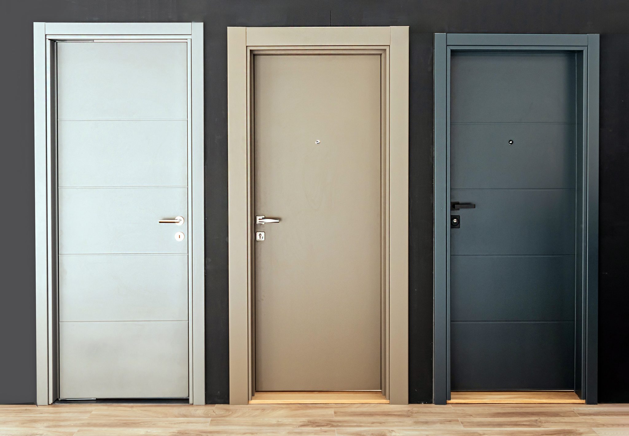 Modern closed wooden doors inside corridor interior